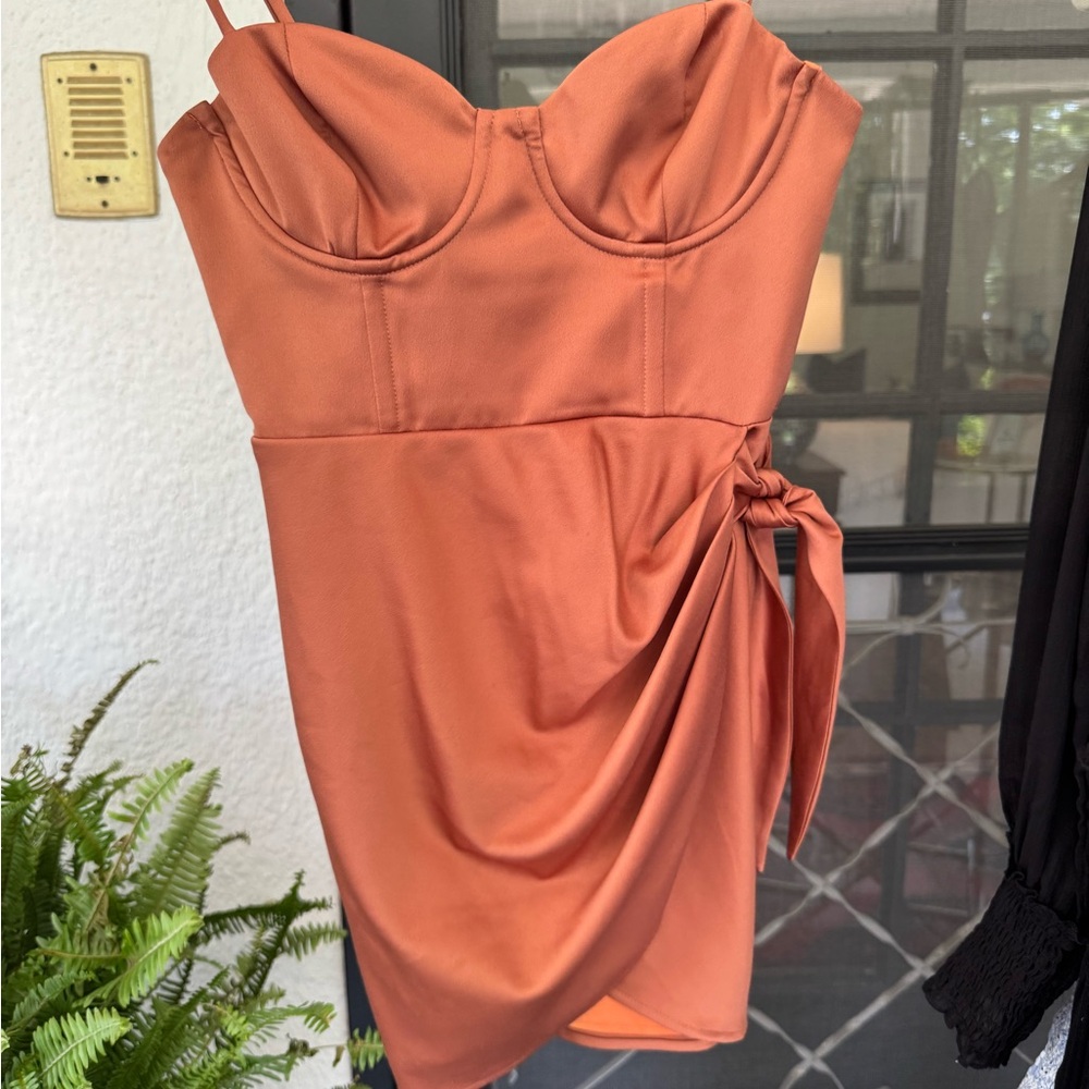 Michael Costello Orange Ruched Strapless Mini Dress